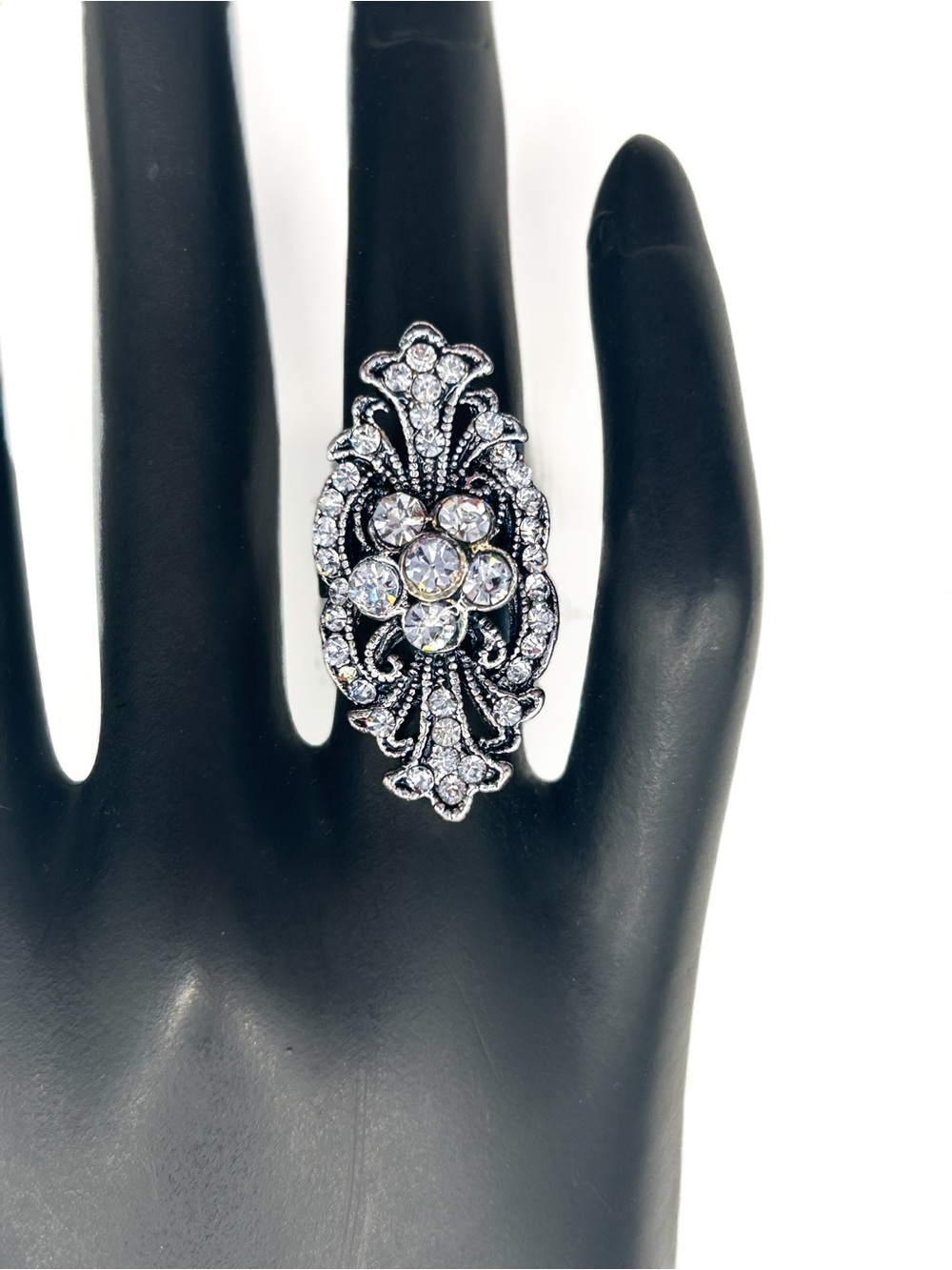 Vintage-Inspired Silver Filigree Statement Ring with Clear Crystals